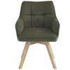 A green upholstered chair with a wooden base, shown from the front against a white background. Podgląd zdjęcia produktu