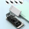 A black and white power bank are displayed on a light blue and mint green background. The black power bank is on top of a smartphone, and the white power bank is behind it. Produktbild-Vorschau