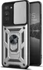 A black phone case with silver accents, featuring a camera cover and a ring holder, is shown against a white background. A portion of a smartphone screen is visible on the right. Produktbild-Vorschau