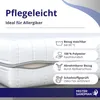 A close-up of a white mattress with a partially unzipped cover, showing product feature callouts. Produktbild-Vorschau