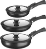 Three black frying pans with glass lids are stacked vertically against a white background. Náhled obrázku produktu