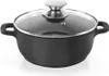 A black cooking pot with a glass lid and silver handle, shown on a white background. Produktbild-Vorschau