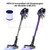 Two cordless vacuum cleaners, one silver and one purple, are shown with a HEPA filter displayed separately. The vacuum cleaners have blue accents and are emitting light blue and purple light from their brush heads, suggesting suction or airflow. Voir les images du produit