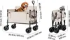 A dog sits in a folded and unfolded wagon, with dimensions shown. Produktbild-Vorschau