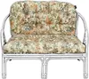 A white rattan bench with floral patterned cushions. Produktbild-Vorschau