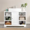 A white bathroom vanity with a sink and various bathroom accessories. Podgląd zdjęcia produktu
