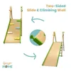 A split image showing a wooden slide and climbing wall from two different angles, with a close-up detail of a connector piece. Produktbild-Vorschau
