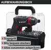 A storage box containing a cordless screwdriver and various bits. Produktbild-Vorschau