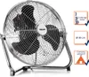 A chrome floor fan with a black fan blade, shown from the front-left. To the right of the fan are three marketing icons with text. Podgląd zdjęcia produktu