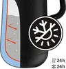 A close-up of a black thermos with a cutaway showing its insulation layers and a graphic indicating temperature retention. Voir les images du produit