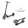 A split image showing a scooter in its unfolded and folded states, with text indicating it folds in 2 seconds. Produktbild-Vorschau