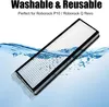 A vacuum cleaner filter is shown partially submerged in water, with text overlay indicating it is washable and reusable. Produktbild-Vorschau