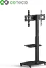A black TV stand with a screen mount and a shelf, shown against a white background. Produktbild-Vorschau