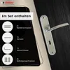 A door handle set with included accessories displayed on a dark wood background, with a graphic overlay detailing the set contents. Produktbild-Vorschau