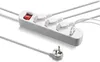 A white power strip with a red on/off switch and three plugs inserted into it. A separate plug is shown in the foreground. Produktbild-Vorschau