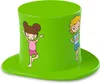 A green top hat with cartoon illustrations of children doing yoga poses. Produktbild-Vorschau