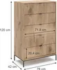 A diagram showing the dimensions of a wooden chest of drawers. Podgląd zdjęcia produktu