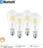 Four clear glass Edison-style LED light bulbs are arranged in a group on a white background. The bulbs have visible filament-like LED elements inside. Below the bulbs are icons and text indicating compatibility with Apple HomeKit, Amazon Alexa, and Google  Produktbild-Vorschau