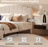 A bedroom scene featuring a beige double bed with a textured headboard, pillows, and a throw blanket. The image also includes a bedside table with a lamp and decorative items, and icons with text at the bottom. Produktbild-Vorschau
