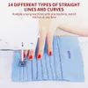 A hand is shown operating a sewing machine, demonstrating different stitch types on a piece of blue fabric. Produktbild-Vorschau