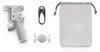 A flat lay of a DJI Osmo Mobile smartphone gimbal and its accessories, including a charging cable, a phone mount, and a storage pouch, arranged on a white background. Voir les images du produit