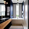 A modern bathroom with a bathtub, sink, and shower fixtures. Produktbild-Vorschau