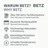 Marketing image listing reasons to choose the Betz brand, with icons and text in German and English. Produktbild-Vorschau