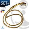 A gold-colored showerhead and hose set, with a collection of colored gaskets in the upper left corner. Produktbild-Vorschau
