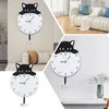 A collage of images showing a cat-shaped wall clock with a pendulum, displayed in different home settings. Produktbild-Vorschau