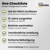 A checklist of features for a smoke detector, with a brand logo. Produktbild-Vorschau