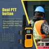 A construction worker wearing a hard hat and safety vest is in the background, while a walkie-talkie is in the foreground with text highlighting its features. Náhled obrázku produktu