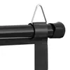A close-up view of the top mounting mechanism of a projection screen, showing the black roller bar, a silver triangular hanging loop, and a black end cap. Produktbild-Vorschau