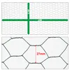 Two images of hexagonal wire mesh fencing. The top image shows the overall dimensions of the mesh, and the bottom image shows a close-up of the mesh with a measurement. Produktbild-Vorschau