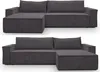 Two views of a dark gray corduroy sectional sofa with a chaise lounge. Produktbild-Vorschau