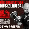 A man is holding a dumbbell, with text overlay about muscle building and nutritional information. Produktbild-Vorschau