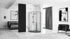 A modern bedroom and bathroom integrated space with a shower cabin, bed, and seating. Produktbild-Vorschau