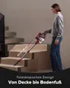 A woman is vacuuming a carpeted staircase with a red and gray stick vacuum cleaner. Text overlays provide product information. Produktbild-Vorschau