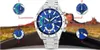 A Casio Edifice watch is displayed in the center, with four close-up insets highlighting specific features. The background depicts a scenic road with rock formations, suggesting an outdoor or travel context. Podgląd zdjęcia produktu