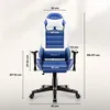 A blue and white gaming chair with dimensions indicated by measurement lines and text. Produktbild-Vorschau