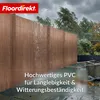 A brown PVC fence in a garden during a storm, with rain and wind affecting the trees and furniture. Produktbild-Vorschau