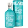 A bottle of Bruichladdich The Classic Laddie Scottish Barley Unpeated Islay Single Malt Scotch Whisky and its matching cylindrical presentation tube, both in a teal color. Produktbild-Vorschau