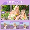 A mother and daughter are shown in a garden, with text overlays highlighting camera features and sample photos. Produktbild-Vorschau