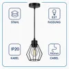 A black pendant light with a geometric cage design, surrounded by icons and text detailing its features. Produktbild-Vorschau
