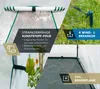 A collage of images showcasing features of a greenhouse tent, including its material, wind anchors, and floor plan. Produktbild-Vorschau