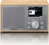 A Lenco DAB+/FM radio with a wood-grain finish and silver accents, displayed on a reflective surface. Voir les images du produit