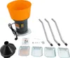 A collection of parts for an electric grain mill, including the main unit, a funnel, three metal handles, and several mesh sieves and trays. Náhled obrázku produktu