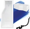 A white bathtub and its accessories are displayed against a blue abstract background. Produktbild-Vorschau