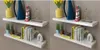 Two identical sets of white floating shelves are displayed on a light gray wall, each adorned with various decorative items and books. Produktbild-Vorschau
