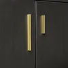 A close-up view of two gold cabinet handles on a dark wood-grain cabinet. Podgląd zdjęcia produktu