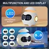 A collage showing a white egg-shaped alarm clock with LED display and speaker, with different modes and features highlighted. Produktbild-Vorschau